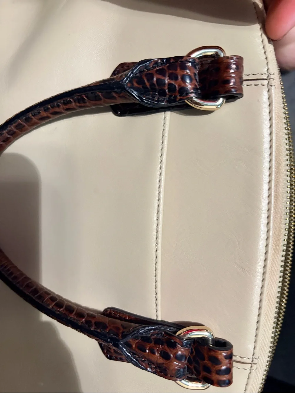 Brahmin Cream and Brown Croc-Trim Leather Satchel with Shoulder Strap